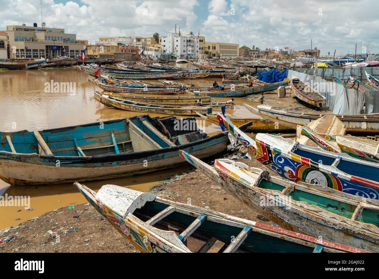 Fisher Boats in Saint Louis city, Ndar district, the ancient colonial city located in northern Senegal, West Africa. Stock Photo