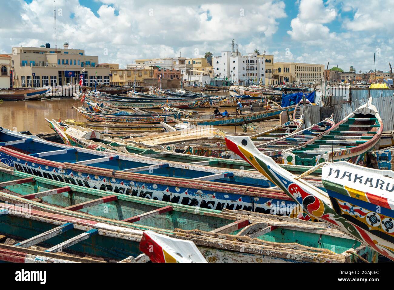 Fisher Boats in Saint Louis city, Ndar district, the ancient colonial city located in northern Senegal, West Africa. Stock Photo