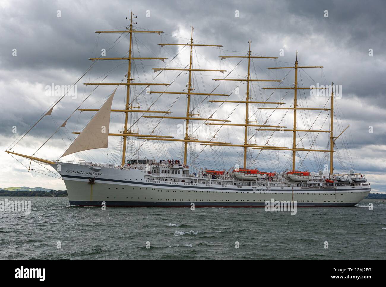 Poole Harbour  UK. 29th July 2021. SV Golden Horizon is a steel-hulled five-masted barque rigged tall ship which is intended to be used as a cruise Stock Photo