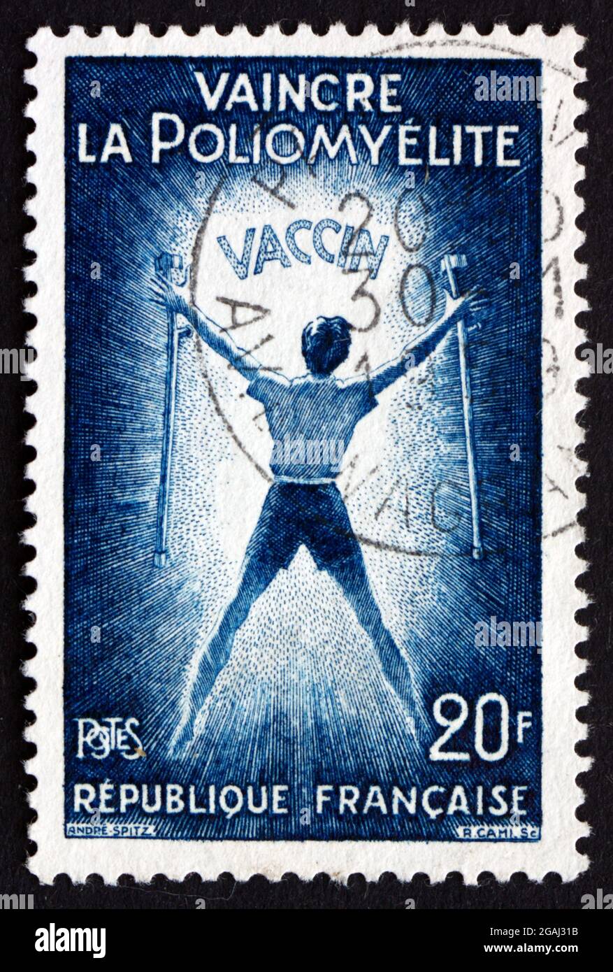 FRANCE - CIRCA 1959: a stamp printed in the France shows Polio Victim Holding Crutches, Vaccination against Poliomyelitis, circa 1959 Stock Photo