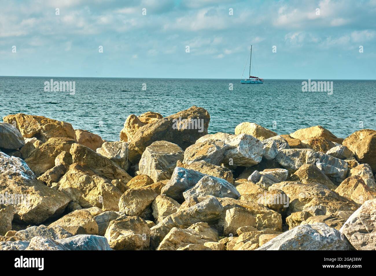 Sailing ship in Spain. Beautiful Mediterranean landscape. Stock Photo