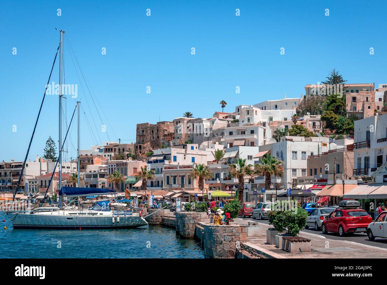 Naxos, Greece - July 23 2016: View of the port and the old town, on a summer's day. Naxos is an island (and a town) of the Cyclades Archipelagos, in t Stock Photo