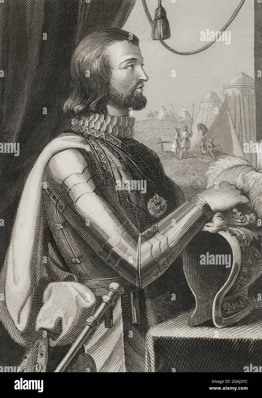 John I of Castile (1358-1390). King of Castile from 1379 until 1390. Portrait. Engraving by Antonio Roca. Las Glorias Nacionales, 1853. Author: Antonio Roca Sallent (1813-1864). Spanish engraver. Stock Photo