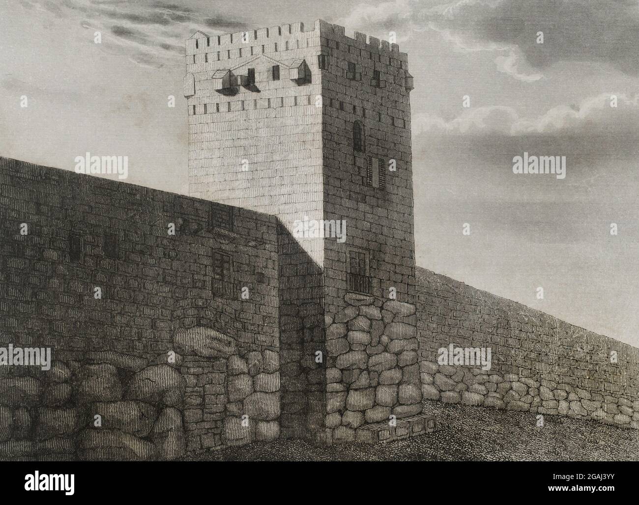 Spain, Catalonia, Tarragona. Archbishop's Tower and Roman wall constructed over the remains of the Cyclopean wall. Engraving. Las Glorias Nacionales, 1853. Stock Photo