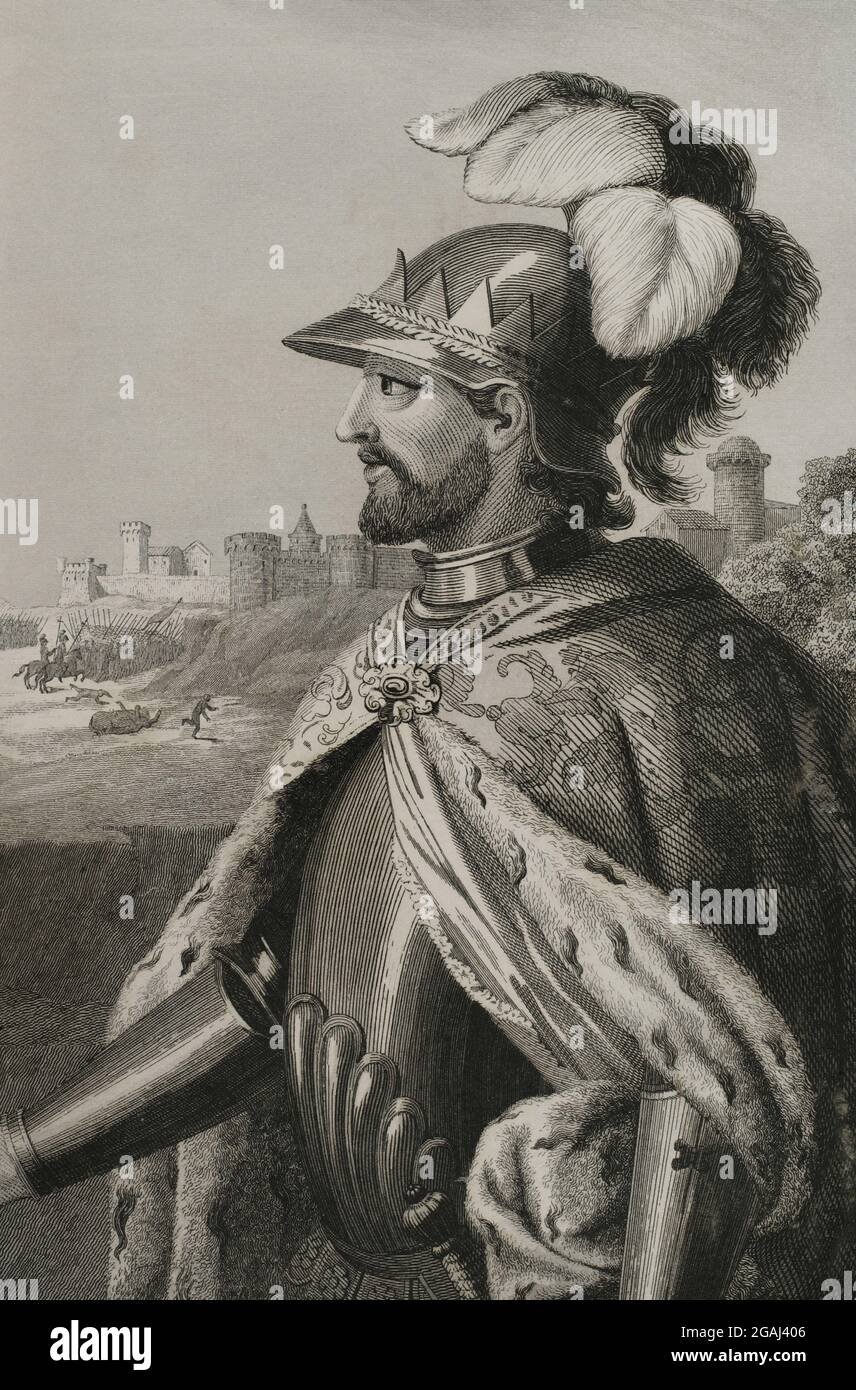Henry II of Castile (1334-1379), called Henry of Trastamara or the Fratricidal. First king of Castile and León from the House of Trastámara. Portrait. Engraving by Antonio Roca. Las Glorias Nacionales, 1853. Author: Antonio Roca Sallent (1813-1864). Spanish engraver. Stock Photo