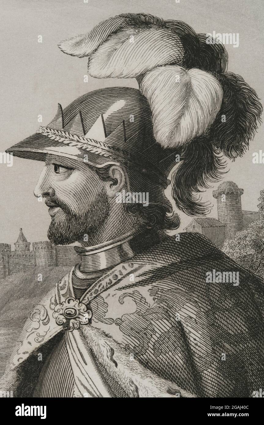 Henry II of Castile (1334-1379), called Henry of Trastamara or the Fratricidal. First king of Castile and León from the House of Trastámara. Portrait, detail. Engraving by Antonio Roca. Las Glorias Nacionales, 1853. Author: Antonio Roca Sallent (1813-1864). Spanish engraver. Stock Photo