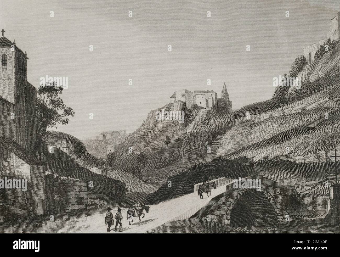 Spain, Andalusia, Granada province, Alhama. View of the village from the mills of Cuesta del Carmen. Engraving by Antonio Roca. Las Glorias Nacionales, 1853. Author: Antonio Roca Sallent (1813-1864). Spanish engraver. Stock Photo