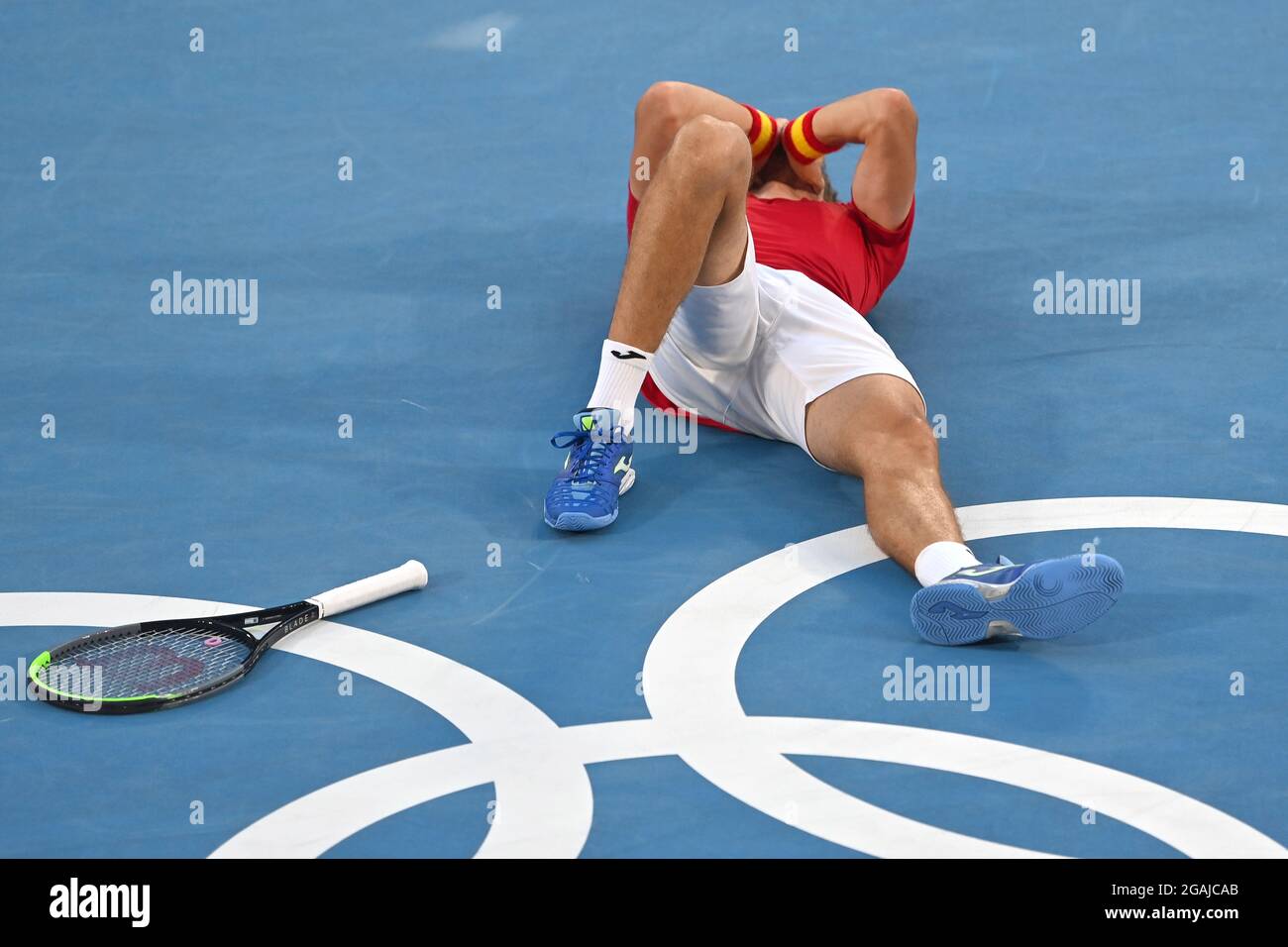 Tokyo, Japan. 31st July, 2021. final jubilation Pablo CARRENO BUSTA (ESP),  jubilation, joy, enthusiasm on the ground, action, single action, single  image, cut out, full body shot, whole figure tennis bronze medal