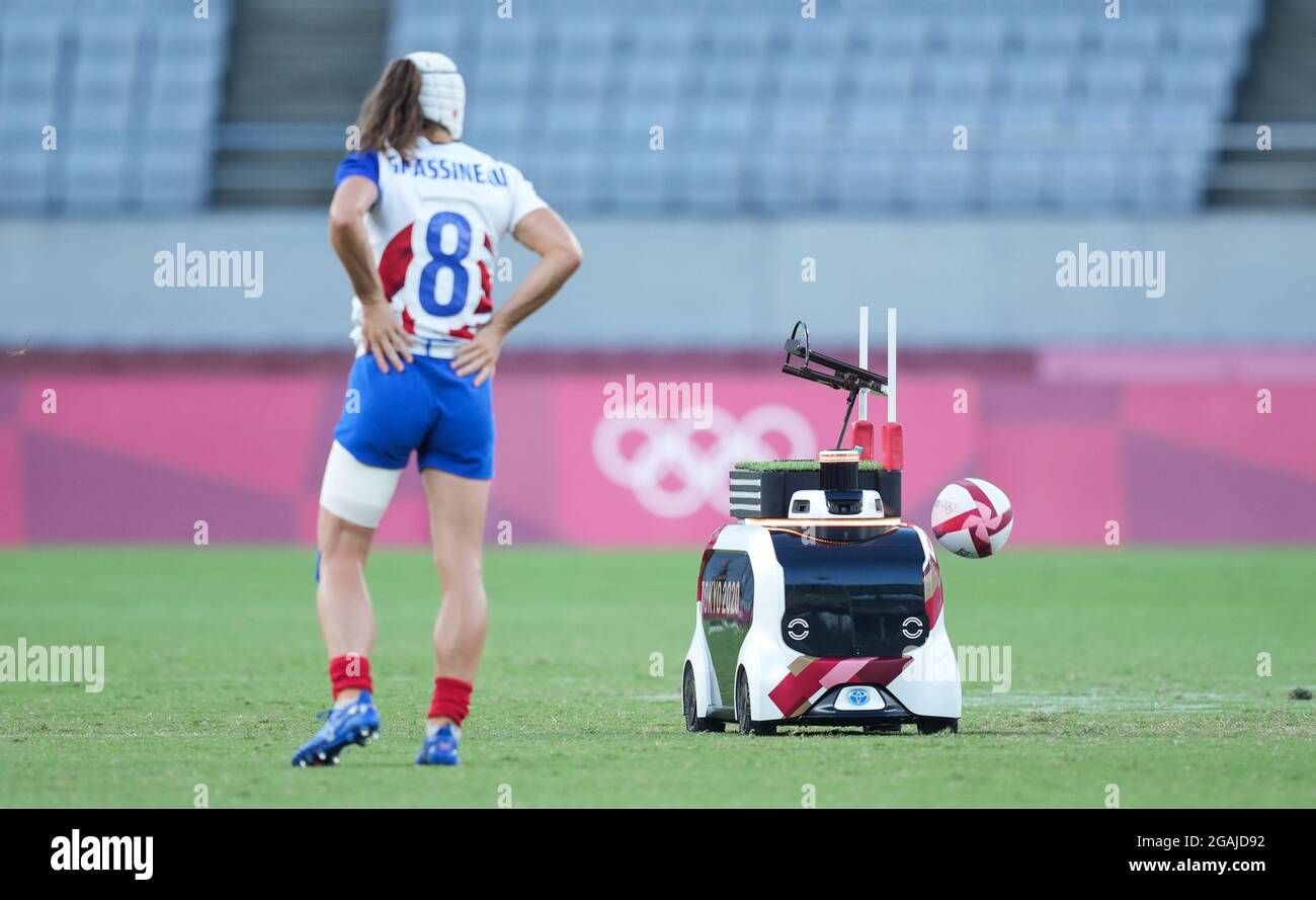Tokyo, Japan. 31st July, 2021. A robot car is seen to kick off the ball  during the rugby sevens women's gold medal match between New Zealand and  France at the Tokyo 2020