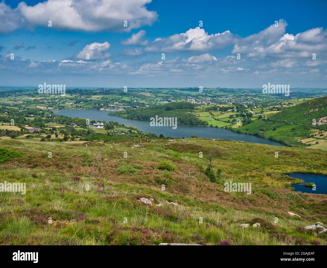 The disused reservoir of Camlough, managed by Newry and Mourne Council. Taken from a viewpoint on a route to Slieve Gullion Forest Park. Stock Photo
