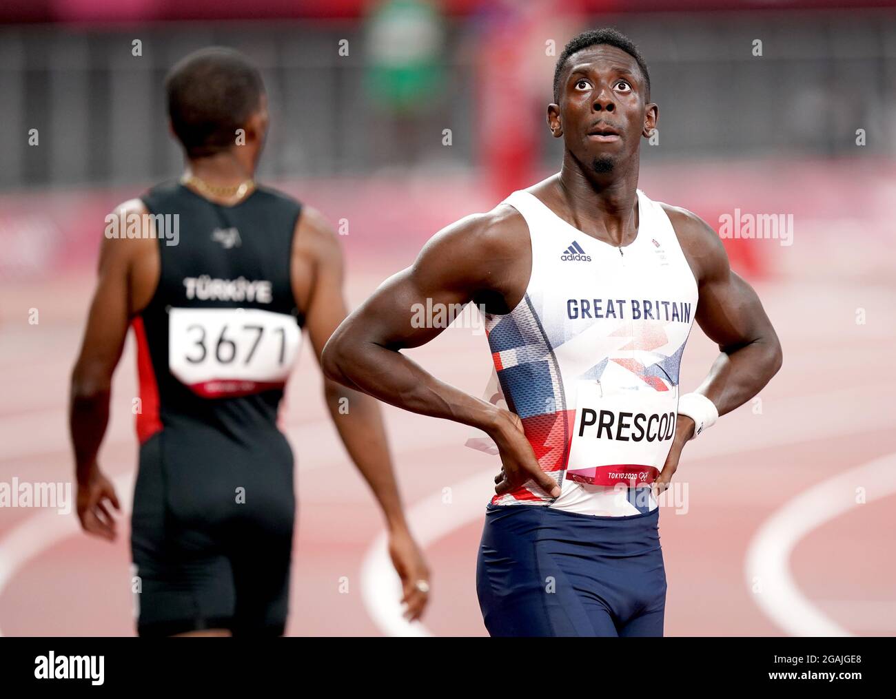 Great Britain's Reece Prescod reacts after the fifth heat of the Men's 100  metres at the Olympic Stadium on the eighth day of the Tokyo 2020 Olympic  Games in Japan. Picture date: