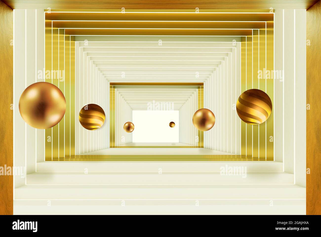 3d metal mural wallpaper . illustration background corridor with golden