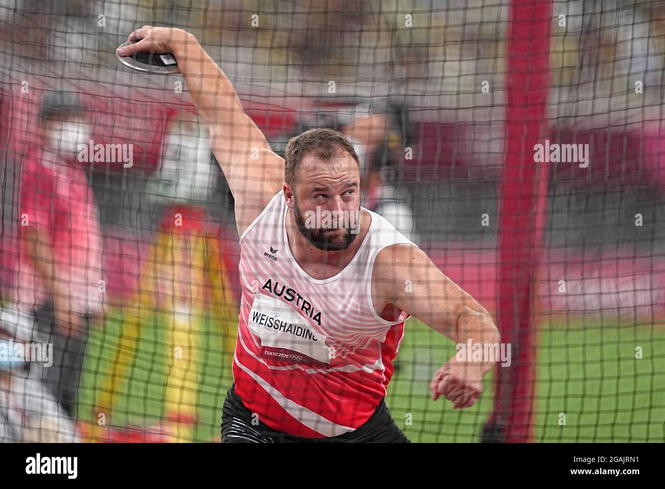 Tokyo, Japan. 31st July, 2021. Athletics: Olympics, Discus Throw, Men, Final at the Olympic Stadium. Lukas Weißhaidinger from Austria in action. Credit: Michael Kappeler/dpa/Alamy Live News Stock Photo