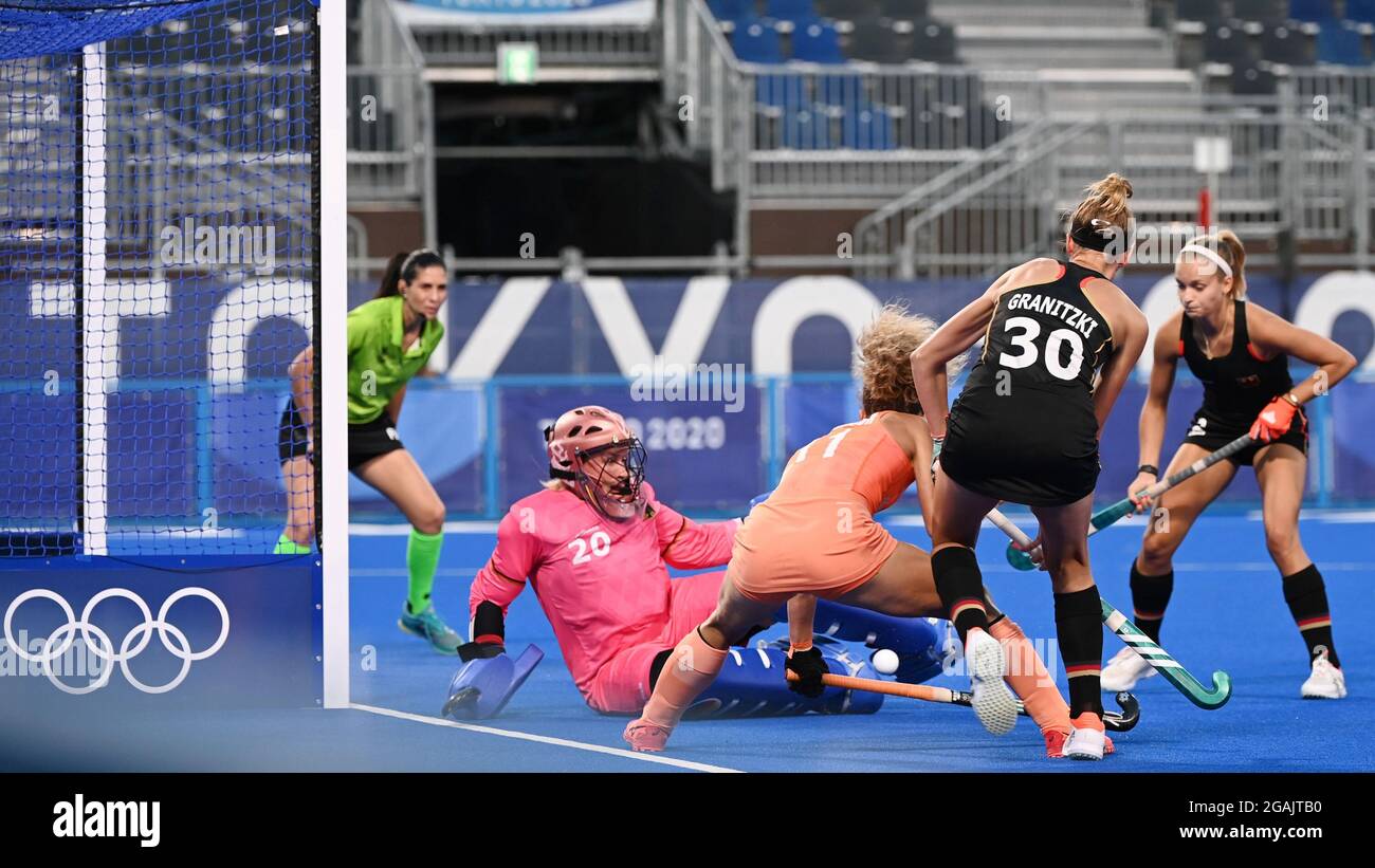 Tokyo, Japan. 31st July, 2021. Goalkeeper Julia Sonntag of Germany defends during the women's pool A hockey match between Germany and the Netherlands at the Tokyo 2020 Olympic Games in Tokyo, Japan, July 31, 2021. Credit: Zhang Xiaoyu/Xinhua/Alamy Live News Stock Photo