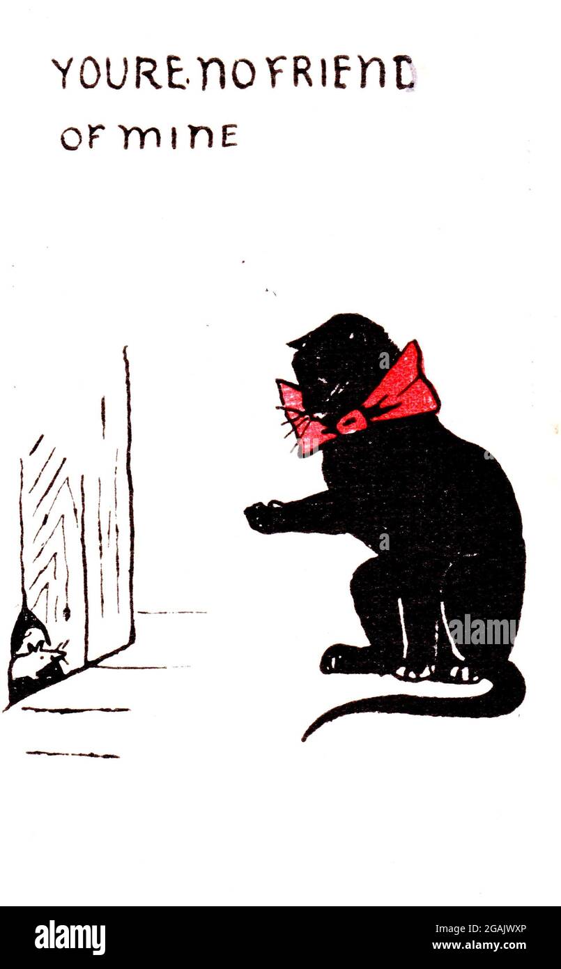 You're no friend of mine, 1906 postcard cartoon featuring andromorphic cats & kittens  Postal card has a mouse, Stock Photo