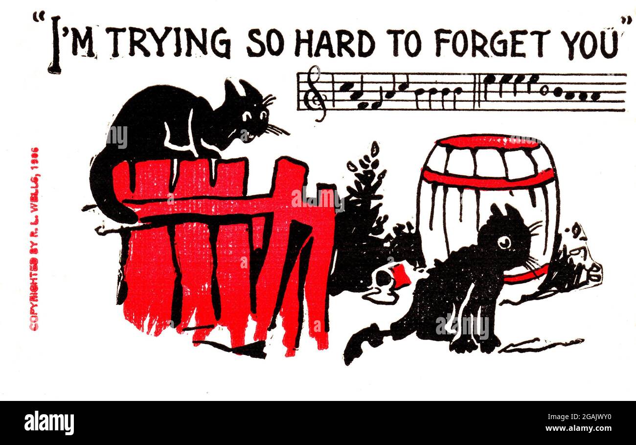 I'm trying so hard to forget you, 1906 postcard cartoon featuring andromorphic cats & kittens  Post card has a song title & two bars of music Stock Photo
