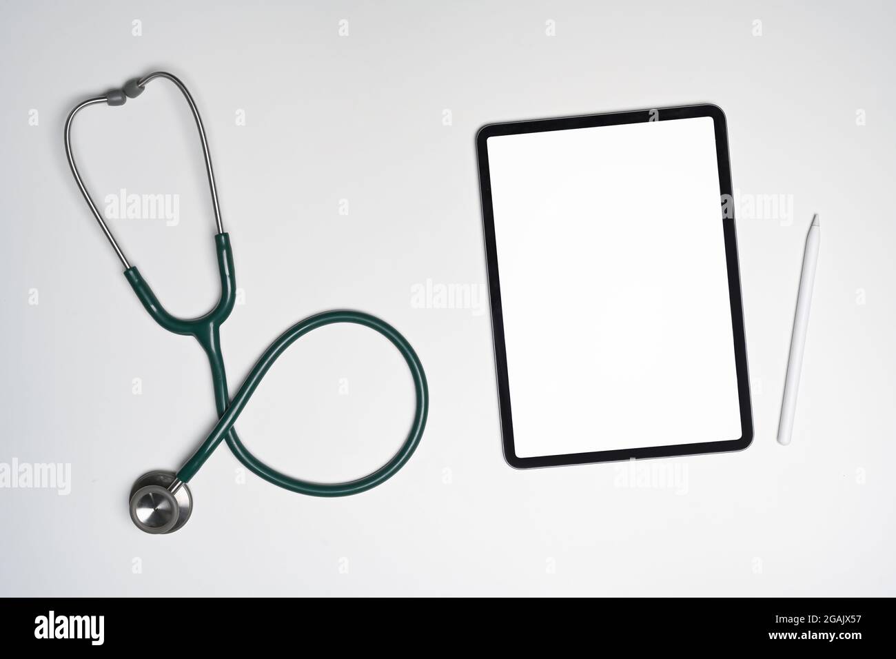 Above view stethoscope and digital tablet on white background Stock ...