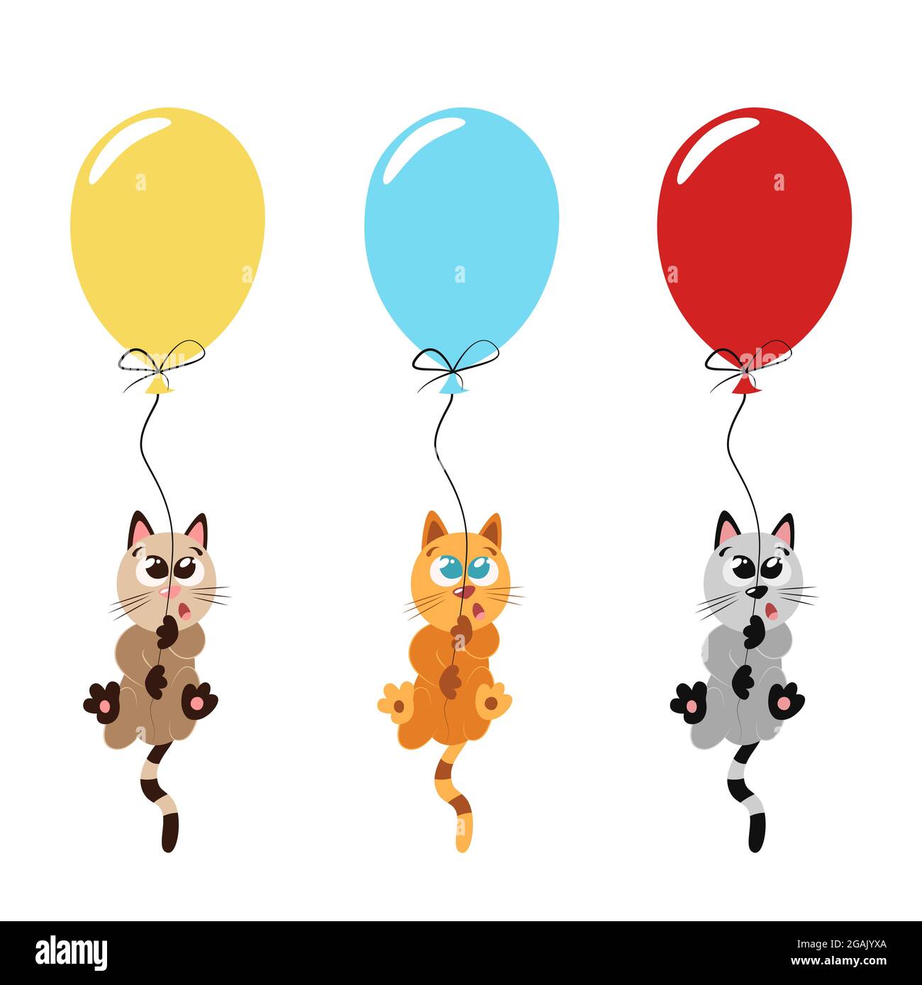 Set of cute striped kittens flying on balloons. Brown, red and gray cartoon cats. Bright clipart for birthday greeting card, baby shower. Collection Stock Vector