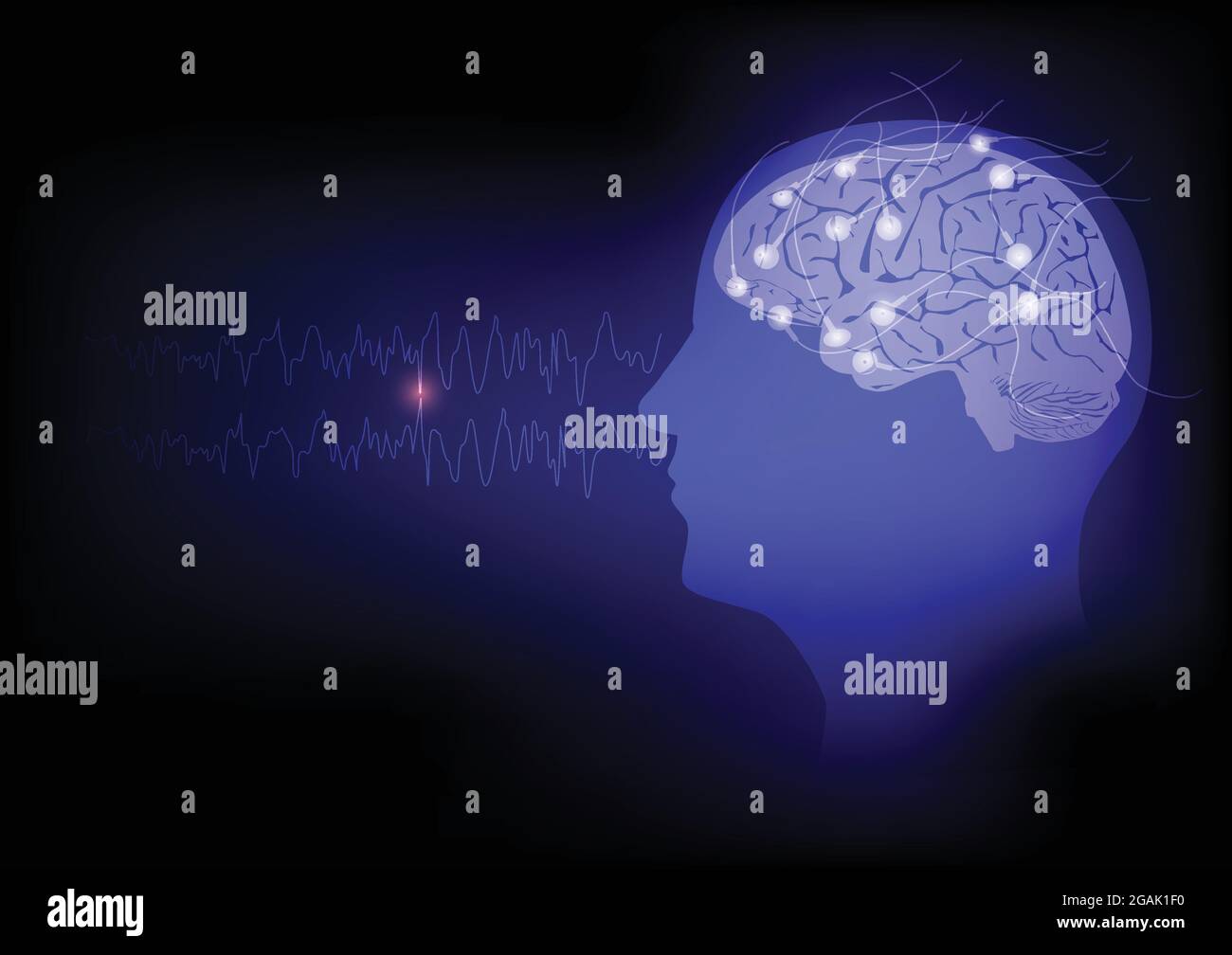 Illustration of human brain and electroencephalography or EEG recording and brain waves Stock Vector