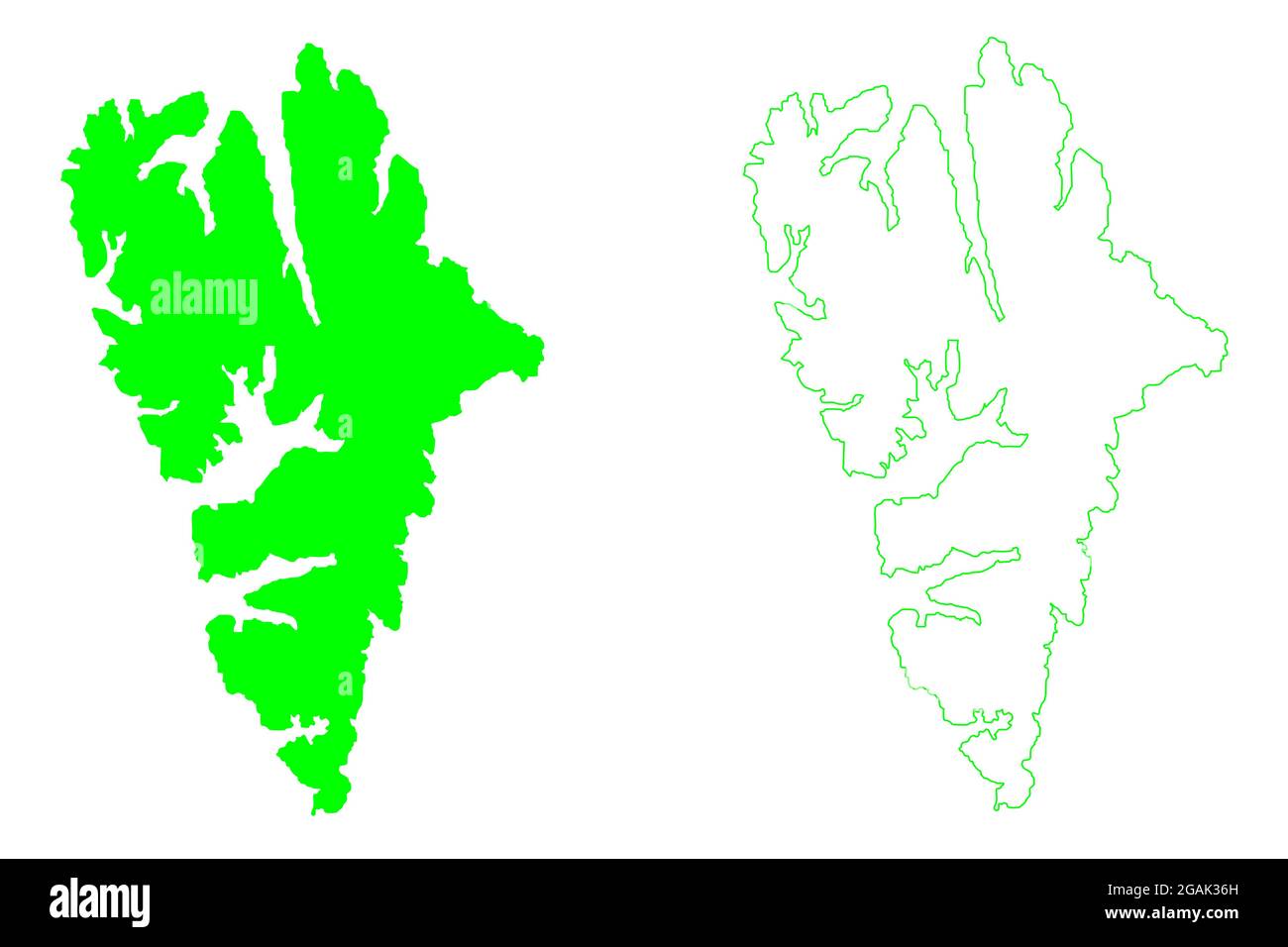 Spitsbergen island (Kingdom of Norway, Svalbard) map vector illustration, scribble sketch West Spitsbergen or Spitzbergen map Stock Vector