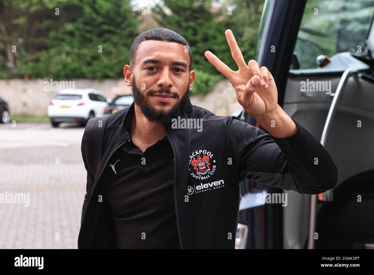 Grant Ward of Blackpool arrives at the Mazuma Stadium Stock Photo