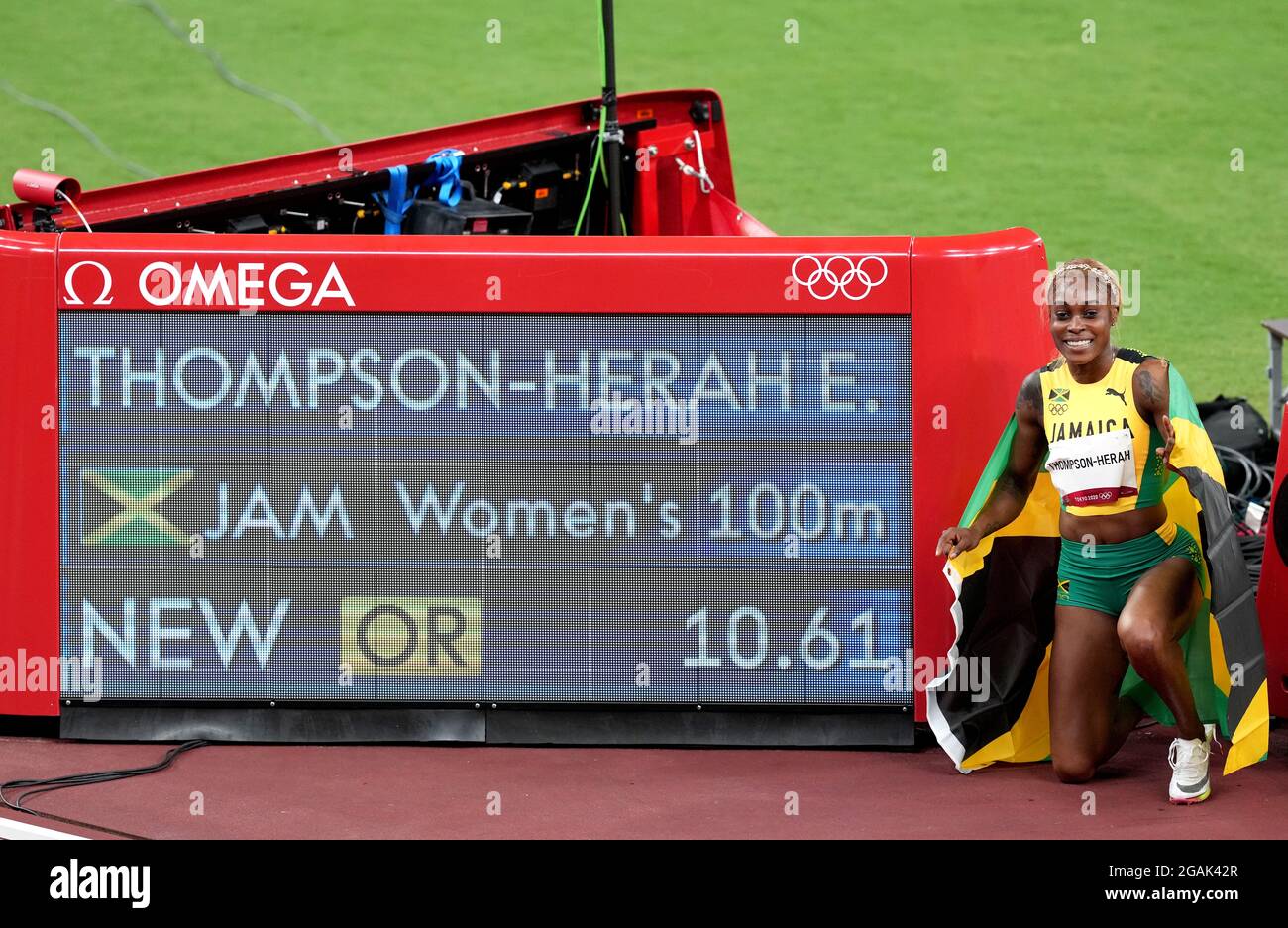 Jamaica S Elaine Thompson Herah Celebrates Winning The Women S 100 Metres Final In A New Olympic Record Time At Olympic Stadium On The Eighth Day Of The Tokyo 2020 Olympic Games In Japan Picture