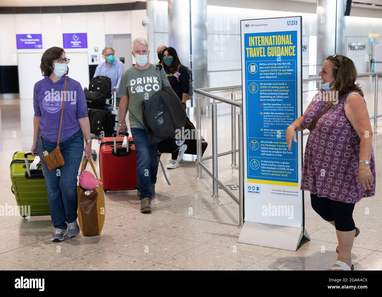 London, UK. 31st July, 2021. Passengers arriving at Terminal 2. Adults who have been fully vaccinated through the NHS now don't need to self-isolate when they return from most amber list countries. Children also don't have to quarantine. Credit: Mark Thomas/Alamy Live News Stock Photo