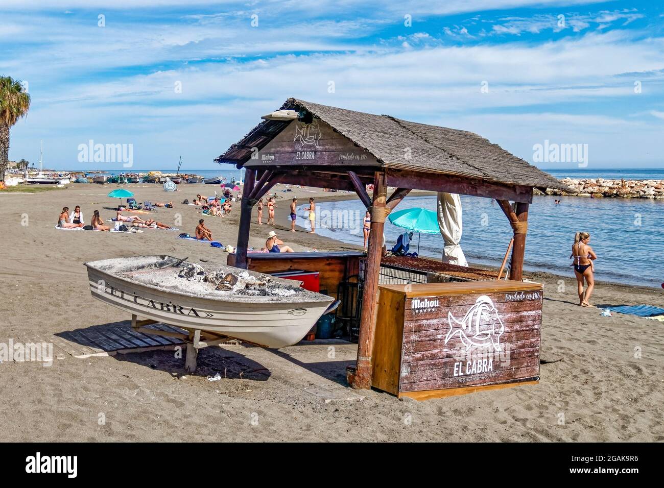 Pedregalejo Strand, Chiringuito,  Strandgrill, Malaga, Malaga, Costa del Sol, Provinz Malaga, Andalusien, Spanien, Europa, Stock Photo
