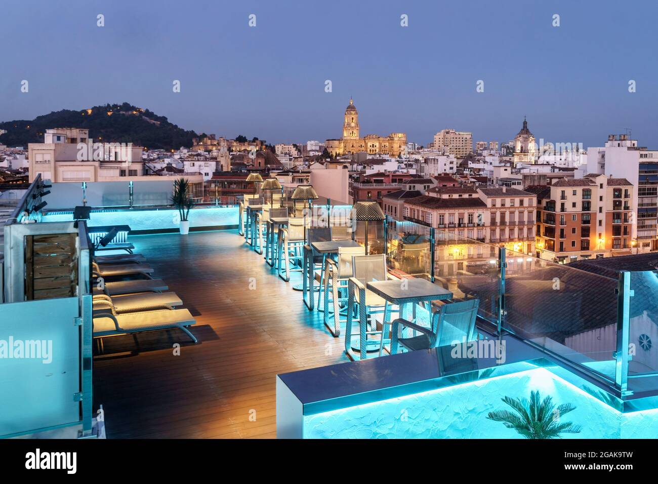 Hotel Dachterasse, Blick auf die Altstadt von Malaga, Costa del Sol, Provinz Malaga, Andalusien, Spanien, Europa, Stock Photo
