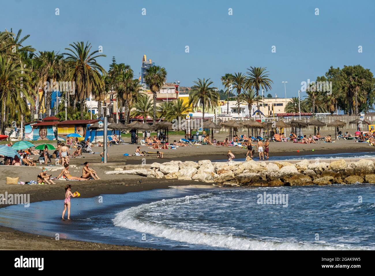 Pedregalejo Strand, Malaga, Malaga, Costa del Sol, Provinz Malaga, Andalusien, Spanien, Europa, Stock Photo