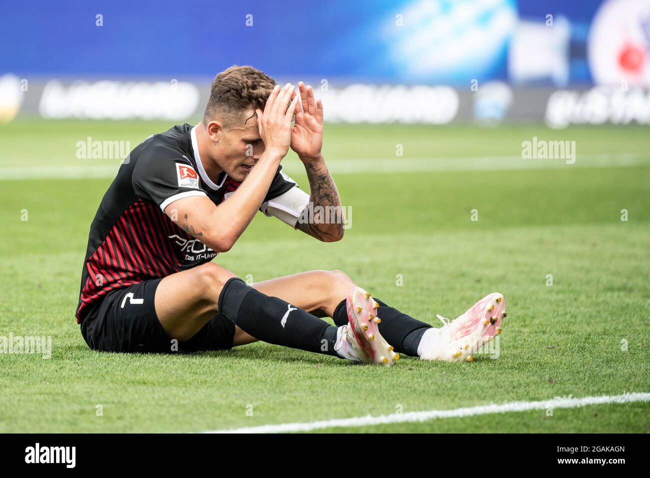 Ingolstadt, Germany. 31st July, 2021. Football: 2. Bundesliga, FC Ingolstadt 04 - 1. FC Heidenheim, Matchday 2 at Audi Sportpark. Dennis Eckert of Ingolstadt reacts after a missed goal chance. Credit: Matthias Balk/dpa - IMPORTANT NOTE: In accordance with the regulations of the DFL Deutsche Fußball Liga and/or the DFB Deutscher Fußball-Bund, it is prohibited to use or have used photographs taken in the stadium and/or of the match in the form of sequence pictures and/or video-like photo series./dpa/Alamy Live News Stock Photo
