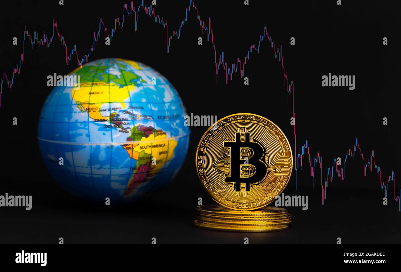 Bitcoin BTC crypto currency gold coin and Earth globe, worldwide new  virtual money concept. Mining or blockchain technology Stock Photo - Alamy