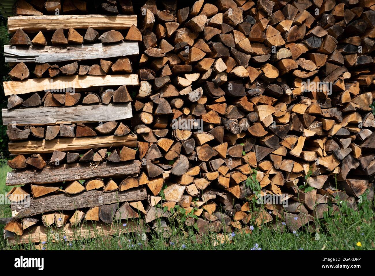 Firewood stacked for outdoor drying. Drying wood for the fireplace. Stock Photo