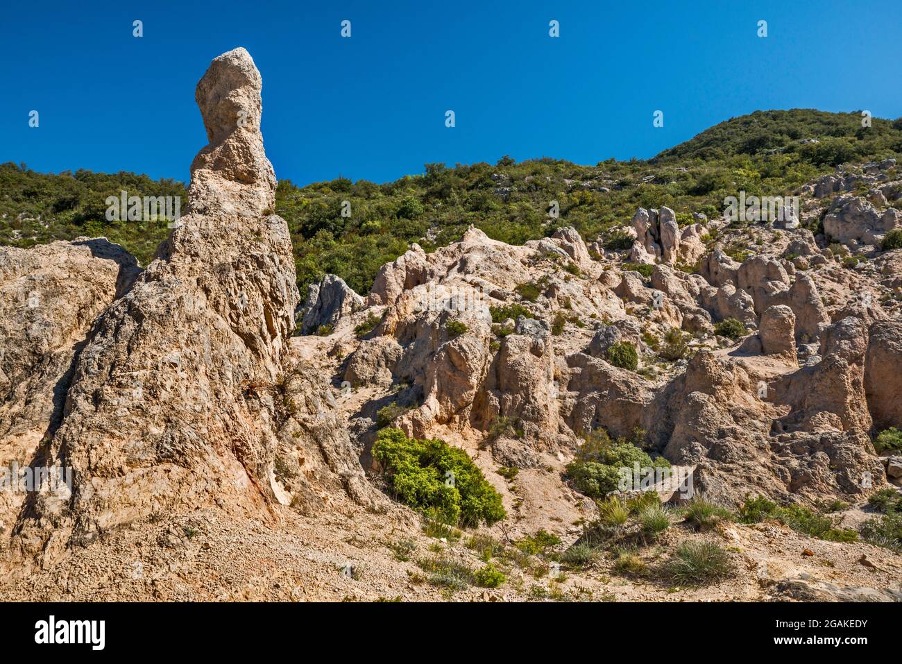 Cirque de Mourèze, dolomitic limestone outcrop, near village of Moureze, commune in Herault department, Occitanie region, France Stock Photo