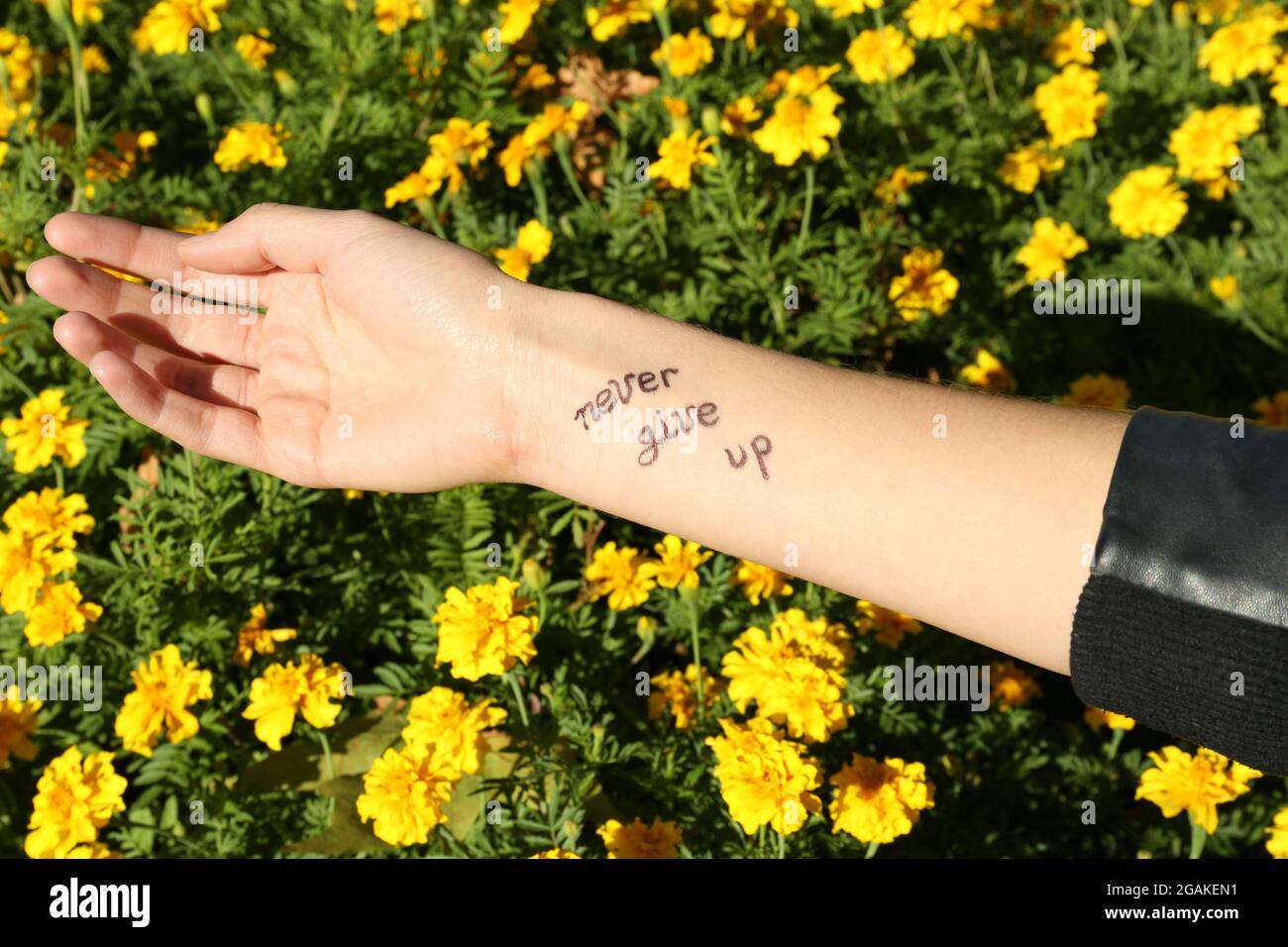 Female hand with tattoo in yellow flowers Stock Photo - Alamy
