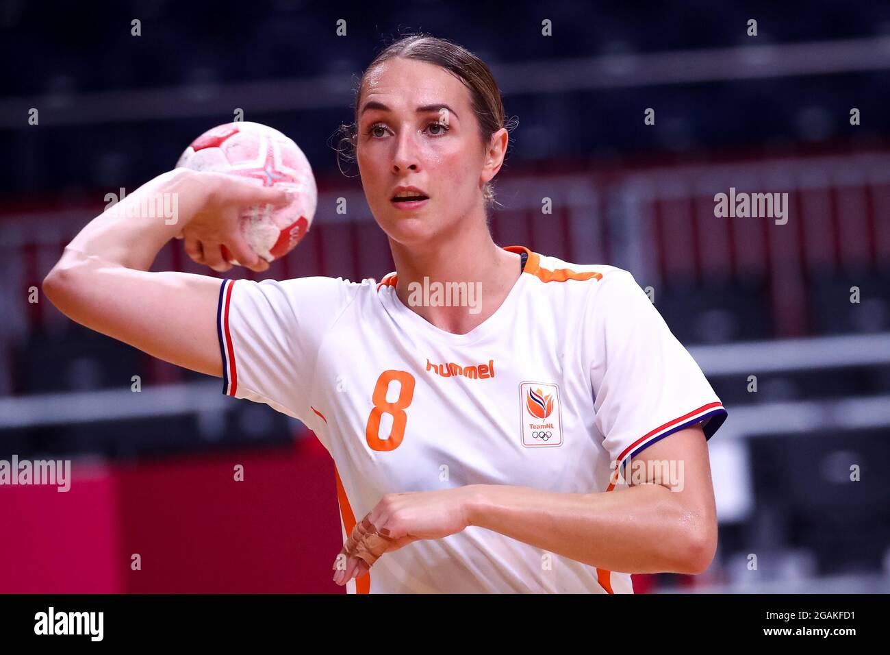 TOKYO, JAPAN - JULY 31: Lois Abbingh of the Netherlands during the Tokyo 2020 Olympic Womens Handball Tournament match between Norway and Netherlands at Yoyogi National Stadium on July 31, 2021 in Tokyo, Japan (Photo by Orange Pictures) NOCNSF House of Sports Stock Photo