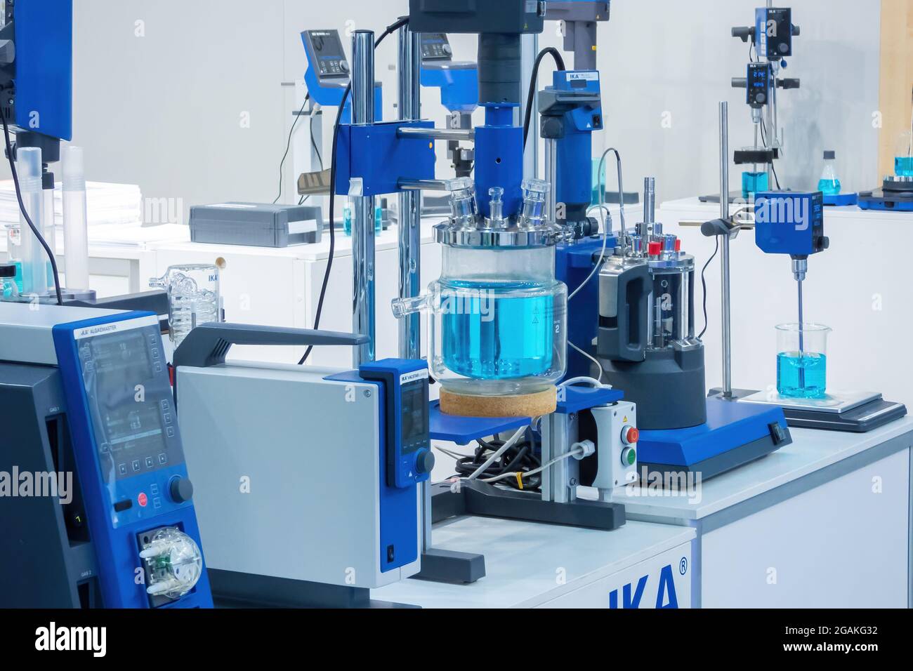 Stand with new devices on the Exhibition of laboratory equipment Stock