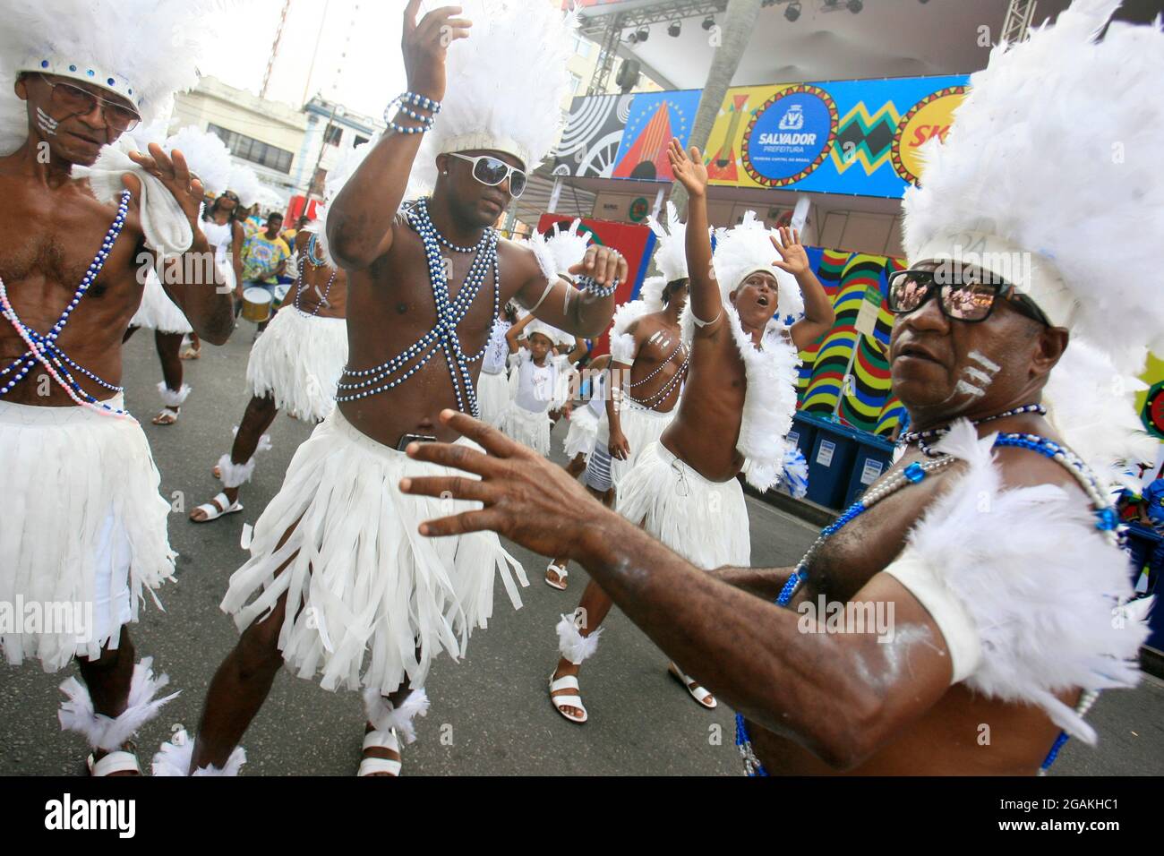 salvador, bahia, brazil - february 24, 2017: Members of the Commanches carnival block are seen during a parade on the Salvador city's carnival circuit Stock Photo