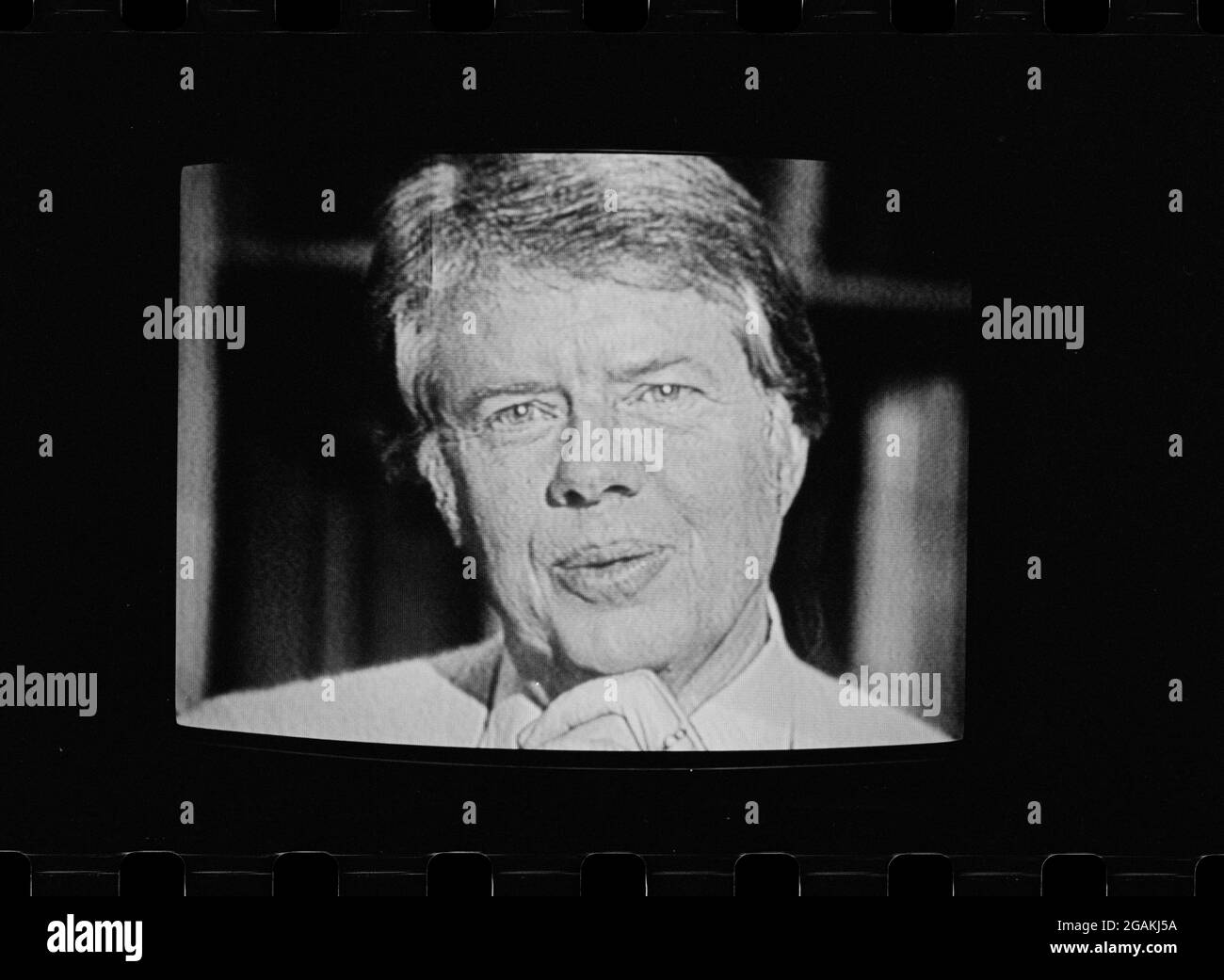 President Jimmy Carter as he appeared on television during his first fireside chat at the White House, Washington, DC, 2/2/1977. (Photo by Marion S Trikosko/US News & World Report Collection/RBM Vintage Images) Stock Photo