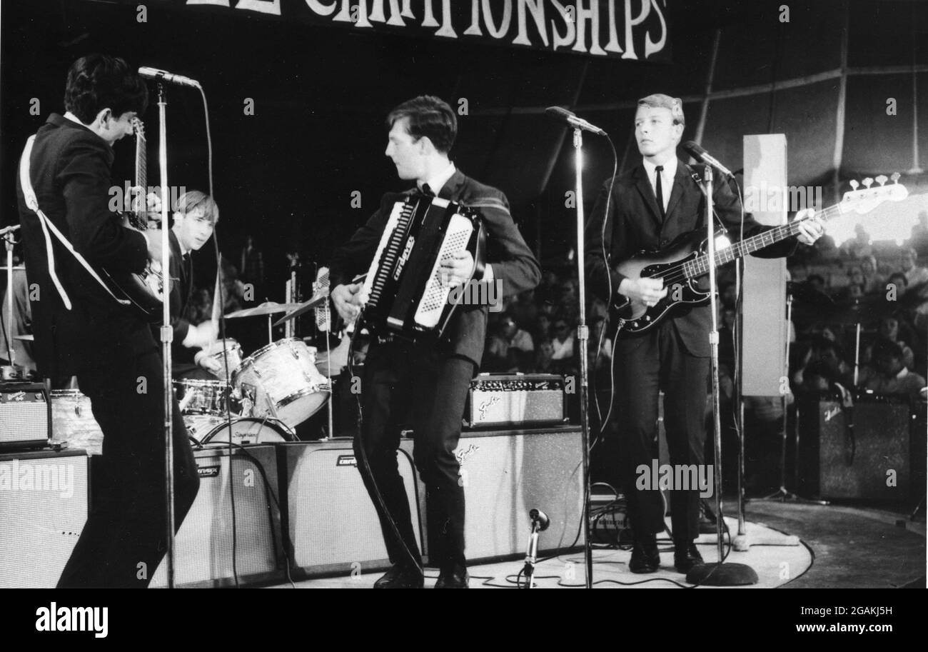 Young musicians perform before an audience at a rock and roll championship, no location, 1965. (Photo by United States Information Agency/RBM Vintage Images) Stock Photo