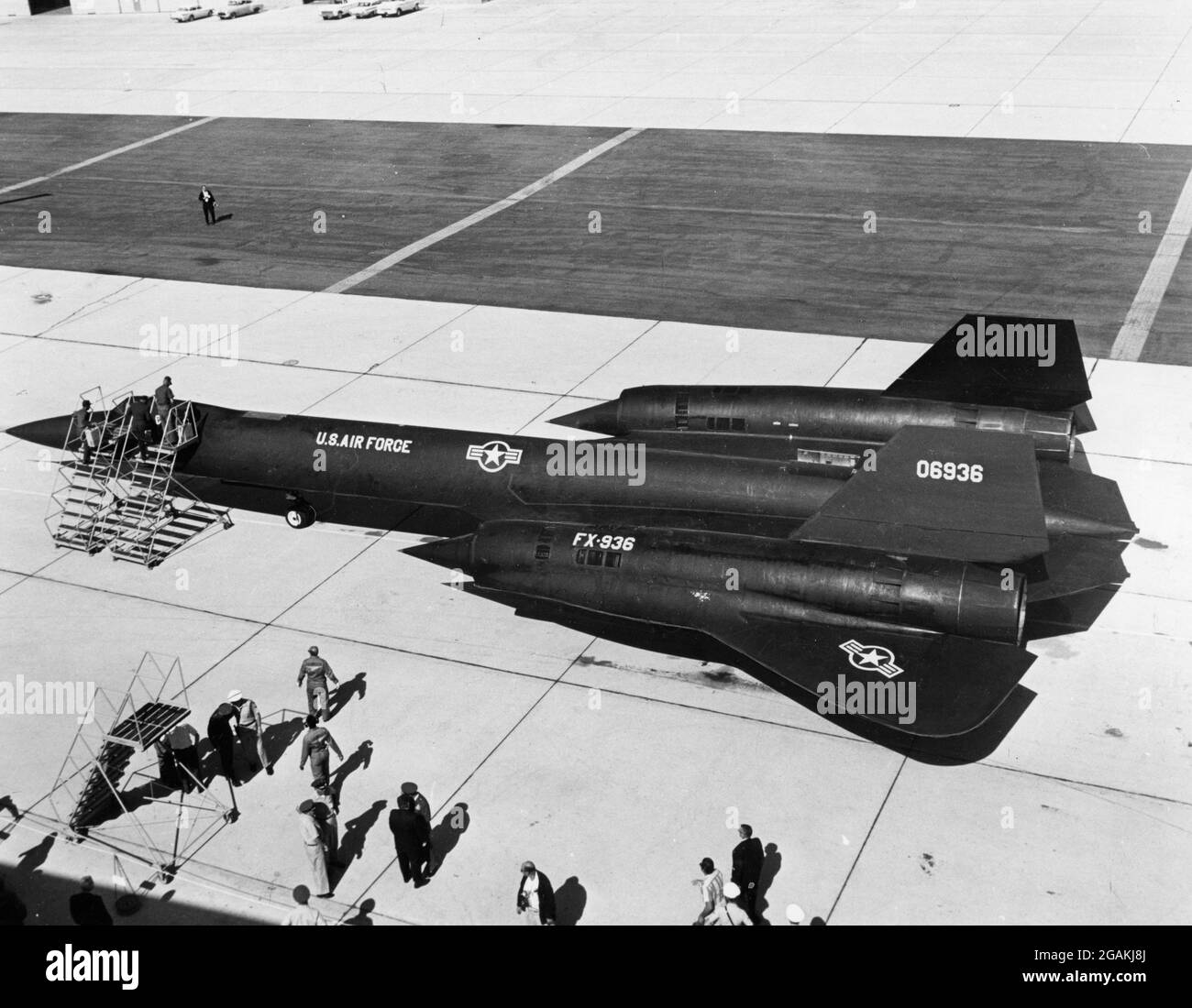 The new YF-12A advanced interceptor airplane is prepared for a flight at Edwards Air Force Base. The revolutionary aircraft has been tested in sustained flight at more than 2000 miles per hour and at altitudes in excess of 70,000 feet, Edwards, CA, 9/30/1964. (USAF/RBM Vintage Images) Stock Photo
