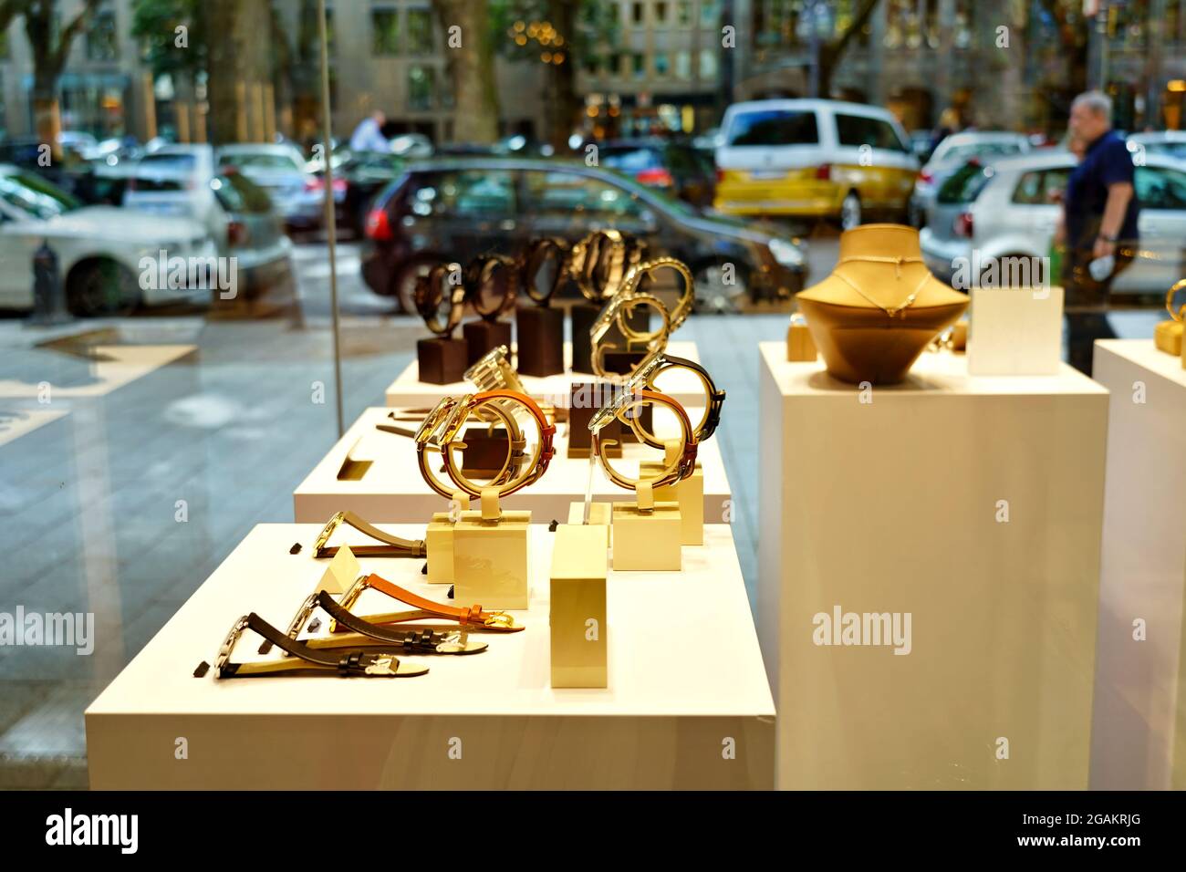 Selective focus on a window display of a jewelry store on Königsallee in Düsseldorf, Germany. Stock Photo