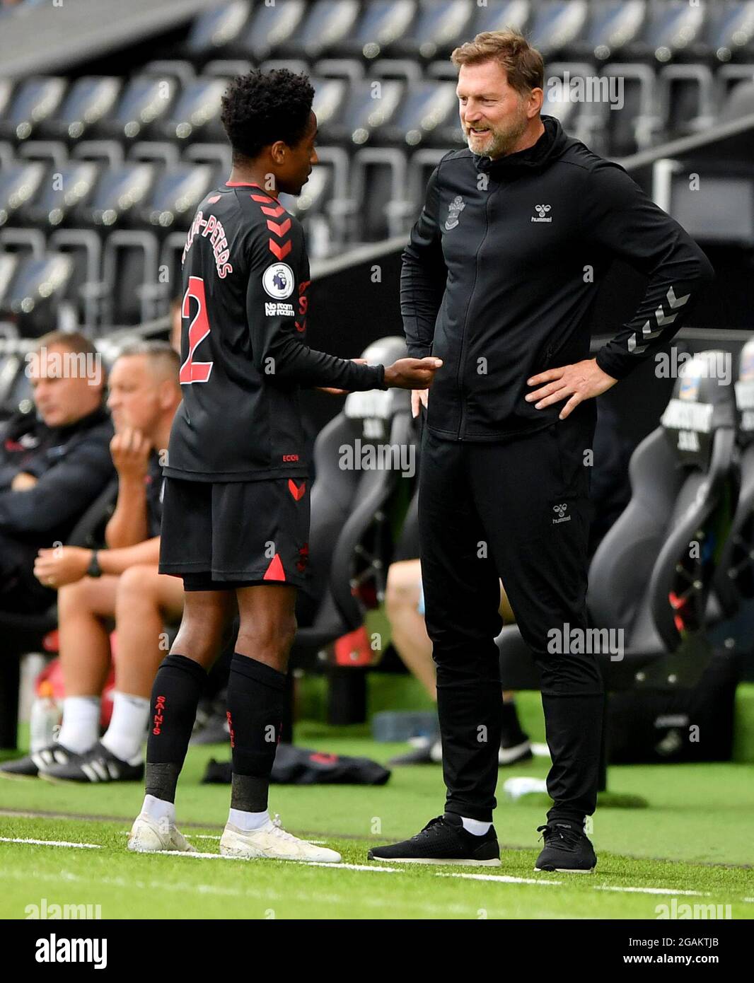 Southampton manager, Ralph Hasenhuttl talks with Kyle Walker-Peters during the pre-season friendly match at the Liberty Stadium, Swansea. Picture date: Saturday July 31, 2021. Stock Photo