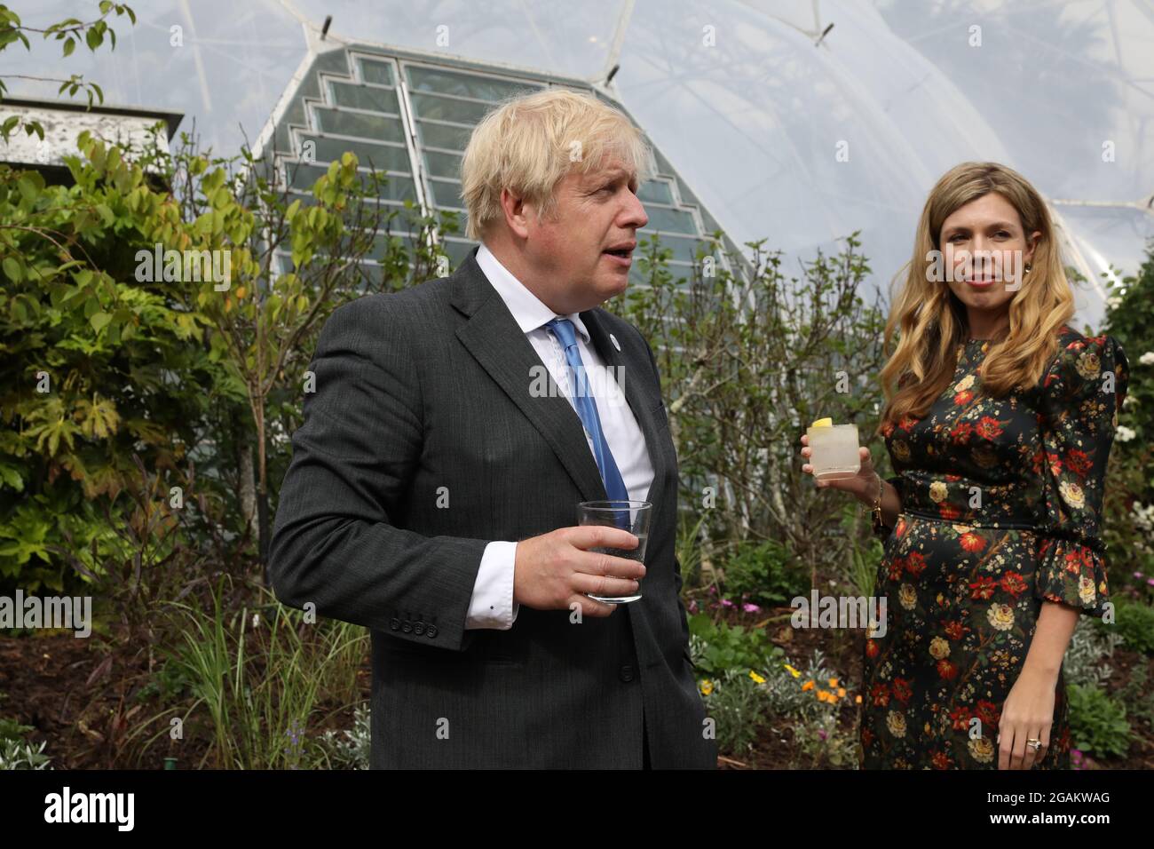 File photo dated 11/6/2021 of Prime Minister Boris Johnson and Carrie Johnson arriving for a reception at the Eden Project for G7 leaders, during the G7 summit in Cornwall. The Prime Minister and his wife are expecting a second child after she revealed the heartbreak of a miscarriage at the start of the year. In a statement on social media, Ms Johnson said the brother or sister to their first child Wilfred was due to arrive 'this Christmas'. Issue date: Saturday July 31, 2021. Stock Photo