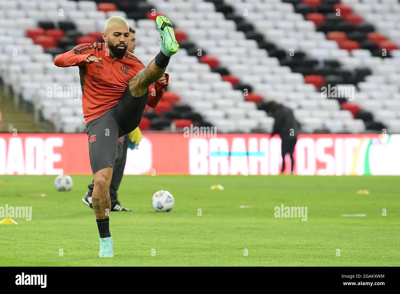 Rio de Janeiro, Brazil, July 29, 2021. Soccer player, Gabriel Gabigol from Flamengo team, during the warm-up before the Flamengo x ABC game, for the B Stock Photo
