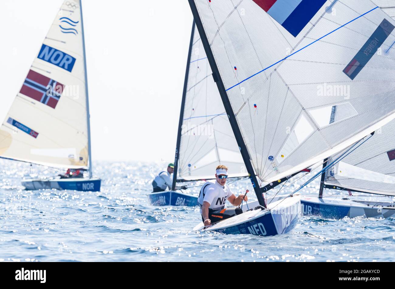 TOKYO, JAPAN - JULY 31: Nicholas Heiner of the Netherlands competing on Men's One Person Dinghy during the Tokyo 2020 Olympic Games at the Sagami on July 31, 2021 in Tokyo, Japan (Photo by Ronald Hoogendoorn/Orange Pictures) NOCNSF Stock Photo