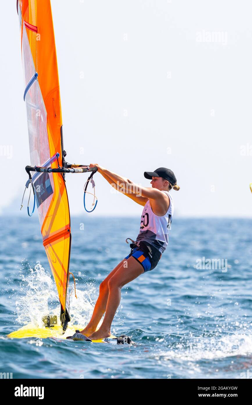 TOKYO, JAPAN - JULY 31: Lillian de Geus of the Netherlands competing on Women's Windsufer - RS:X  during the Tokyo 2020 Olympic Games at the Sagami on July 31, 2021 in Tokyo, Japan (Photo by Ronald Hoogendoorn/Orange Pictures) NOCNSF Stock Photo