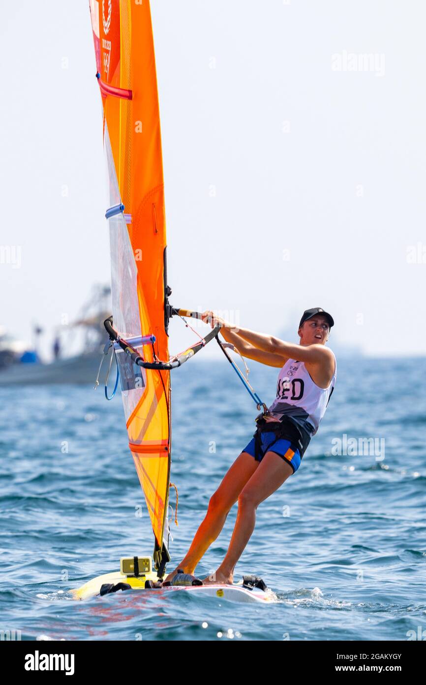 TOKYO, JAPAN - JULY 31: Lillian de Geus of the Netherlands competing on Women's Windsufer - RS:X  during the Tokyo 2020 Olympic Games at the Sagami on July 31, 2021 in Tokyo, Japan (Photo by Ronald Hoogendoorn/Orange Pictures) NOCNSF Stock Photo
