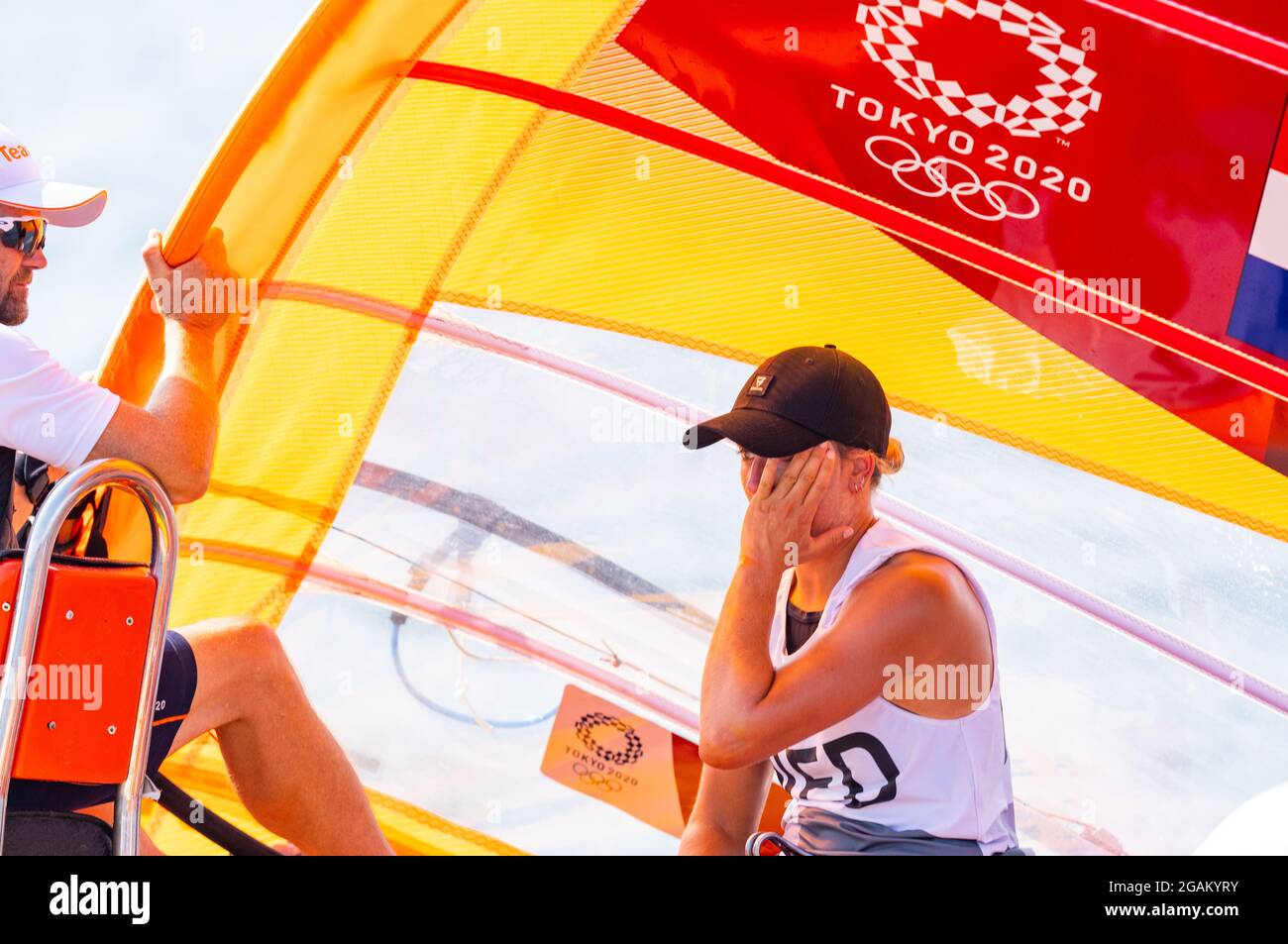 TOKYO, JAPAN - JULY 31: Lillian de Geus of the Netherlands competing on Women's Windsufer - RS:X  during the Tokyo 2020 Olympic Games at the Sagami on July 31, 2021 in Tokyo, Japan (Photo by Ronald Hoogendoorn/Orange Pictures) NOCNSF Stock Photo