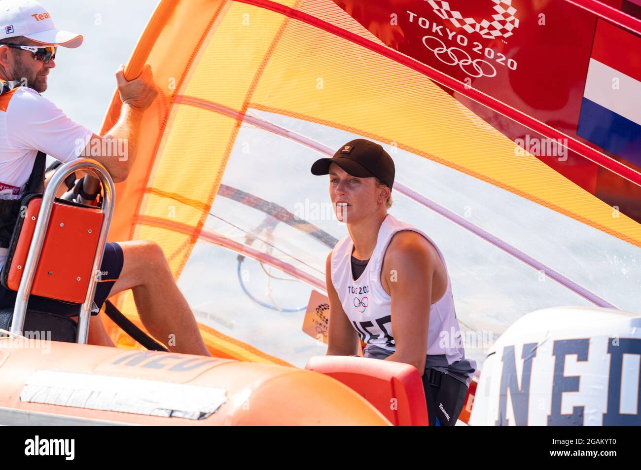 TOKYO, JAPAN - JULY 31: Lillian de Geus of the Netherlands competing on Women's Windsufer - RS:X  during the Tokyo 2020 Olympic Games at the Sagami on July 31, 2021 in Tokyo, Japan (Photo by Ronald Hoogendoorn/Orange Pictures) NOCNSF Stock Photo